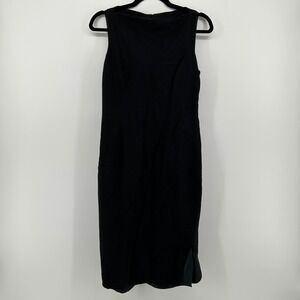 Finity Black Silk Linen Boat Neck Sleeveless Sheath Dress 6 90s Minimal Classic